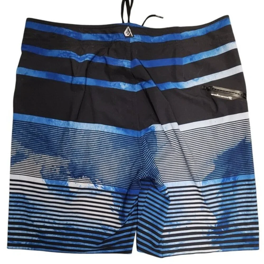 Volcom Boardies Swim‎ Trunks Shorts Black Blue Striped 4-Way Stretch V4S